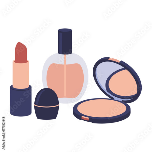 Elegant Makeup Still Life Featuring Lipstick Perfume and Compact Powder for Beauty and Cosmetic Product Display