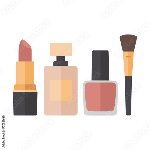 Elegant Makeup Essentials Flat Lay Image with Lipstick, Perfume, Nail Polish, and Brush on White Backdrop for Beauty Blog