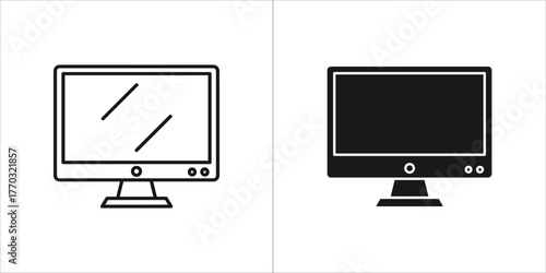 Set of two computer monitors, one outlined and one solid black