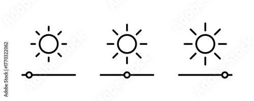 Brightness setting icon with sun. Brightness control icon set. Sun and screen brightness control icons