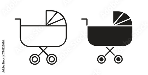 Baby carriage icon with line and silhouette versions.
