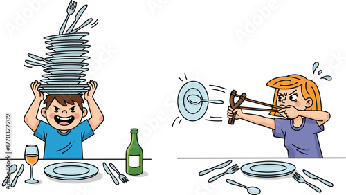 Cartoon dinner conflict with stacked dishes and slingshot action, humorous restaurant scene with quirky characters and exaggerated expressions at table