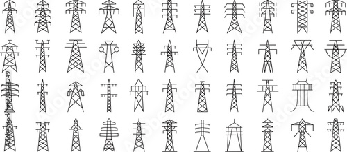 Transmission tower illustrations, electrical pylons, power line structures, engineering design elements, black and white grid, infrastructure icons, energy distribution, vector graphics set