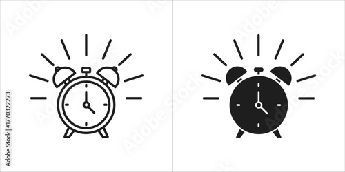 Alarm clock icon in outline and solid black versions