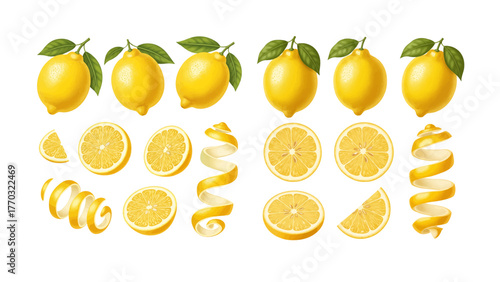 A collection of realistic illustrated lemons, including whole fruits with leaves, slices, halves, and peels on a transparent background.