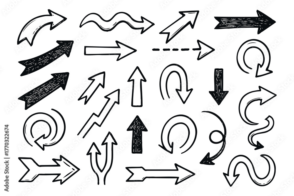 Obraz premium Black And White Seamless Sketchy arrow Elements, Line art, Pattern Sketch Style Isolated. Set Hand Drawn Doodle icon arrows And cursor Illustration In Engraving Style, scribble, strokes