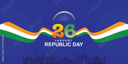 26 January Republic Day Banner with Tricolor Ribbon and Ashoka Chakra