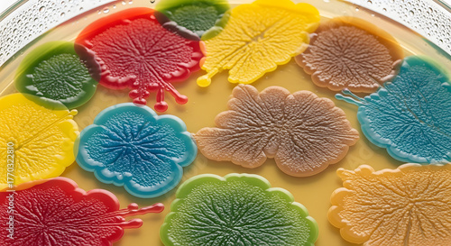 Vibrant Colorful Bacterial Colonies in Petri Dish Growth