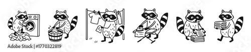 Set of cartoon raccoons performing laundry tasks in sequence, vector