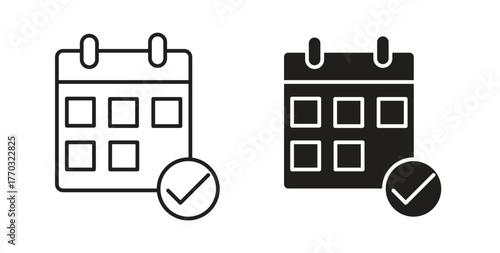 Calendar check icon with line and silhouette versions.