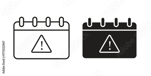 Calendar exclamation icon with line and silhouette versions.