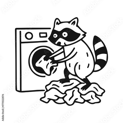Cartoon raccoon doing laundry with washing machine, vector