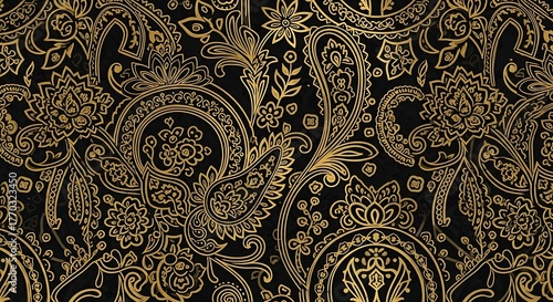 Golden Paisley on Black Surface: Rich Textile Background for Fashion Designs