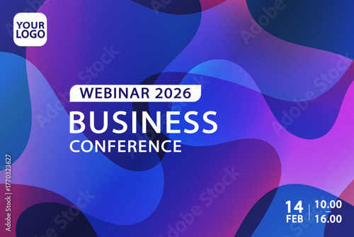 A modern template for a business conference or webinar announcement. This banner features an abstract fluid gradient background in blue and purple tones, ideal for online events.