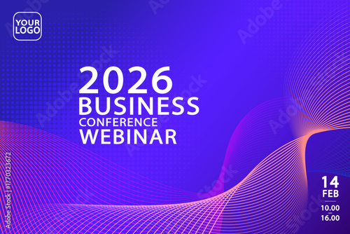 A futuristic banner template for a business conference or tech event. This abstract design features flowing wavy lines and a halftone pattern on a blue and purple gradient background.
