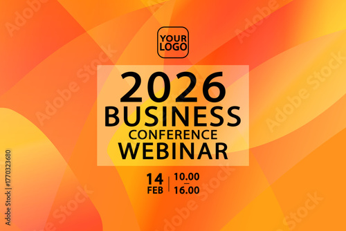 A modern template for a business conference or webinar announcement. This banner features an abstract orange and yellow background with curves, ideal for online events or presentations.