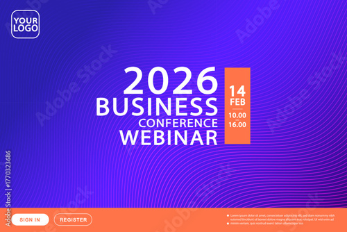 A website header template for a business conference or webinar landing page. This abstract design features thin, wavy contour lines and registration buttons on a blue-purple gradient.