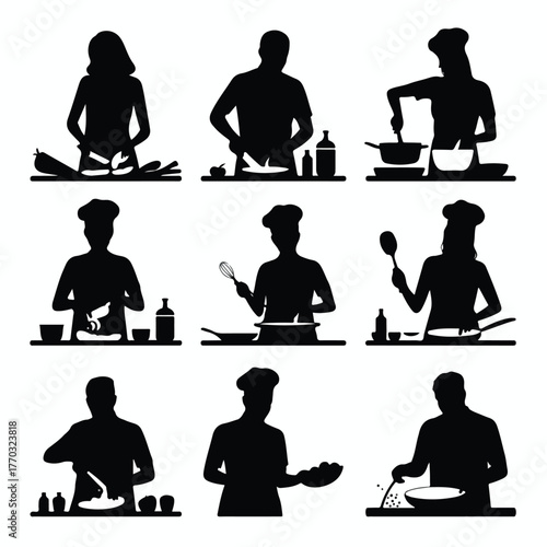 Various silhouettes of chefs preparing food