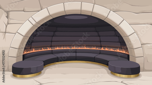 A cozy cave interior with a fireplace and seating area built into the stone structure design style
