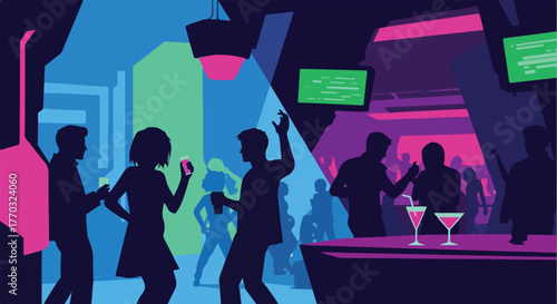 A stylish vector graphic of a modern nightclub scene, capturing the energy of a social tech event with dancing silhouettes
