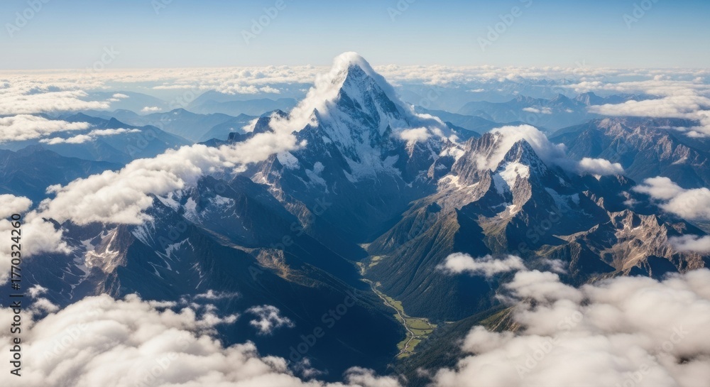 Naklejka premium Majestic snow-capped mountain peak pierces through soft clouds, revealing a lush green valley below, inspiring awe and adventure.