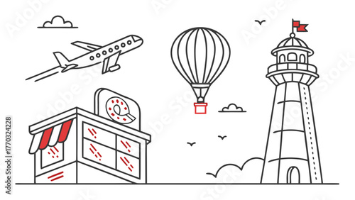 Travel adventures featuring airplane, hot air balloon, shop, and lighthouse icons