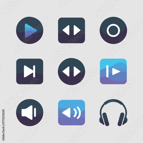 Set of media player control icons in square format