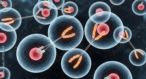 Cell division mitosis process microscopic view 3D render illustration dark background