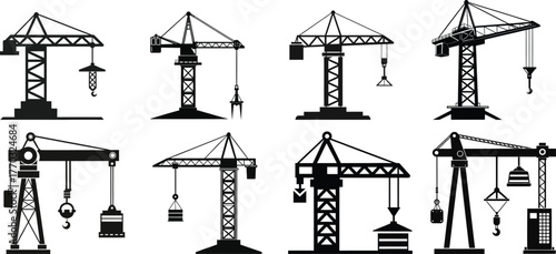Vector Icons Set of Heavy Construction Tower Cranes for Building Projects