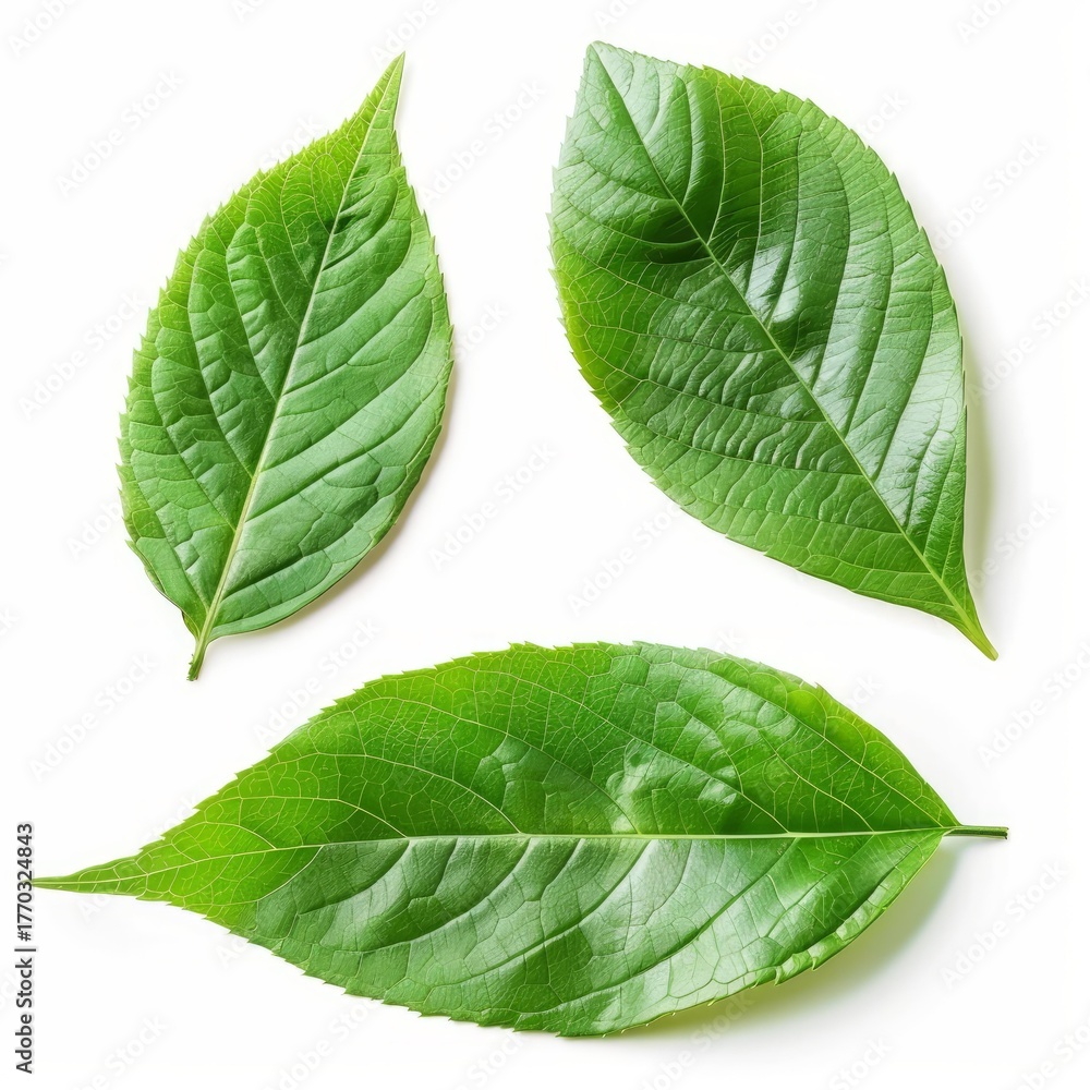 Obraz premium Three green leaves isolated showing veins structure