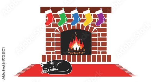 Christmas Fireplace Scene Featuring a Cat and Festive Stockings, 53.eps, cozy holiday setting