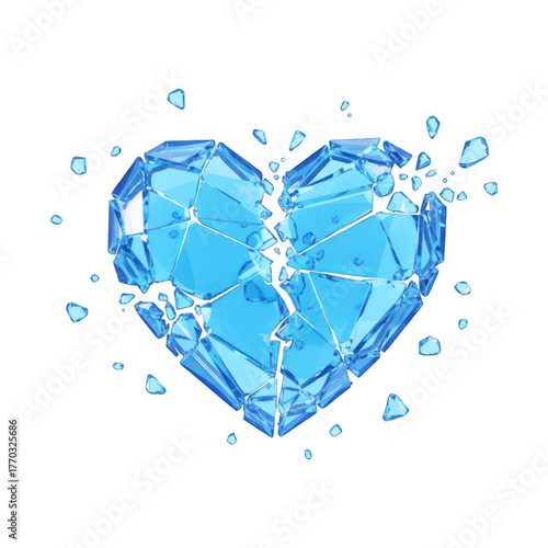 Shattered blue crystal heart, icy fragments bursting outward on a black background