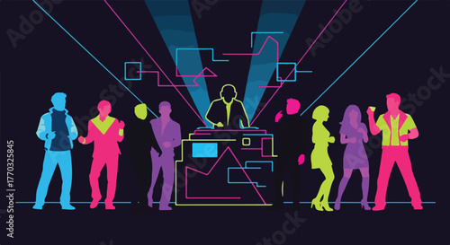 Neon Dance Party with DJ and Silhouetted Figures on Dark Background