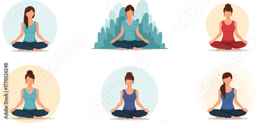 Six diverse women in yoga poses meditating and practicing mindfulness exercises isolated on transparent background