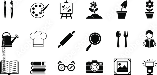 Collection of diverse hobby and leisure activity icons including art cooking photography reading and gardening isolated on transparent background