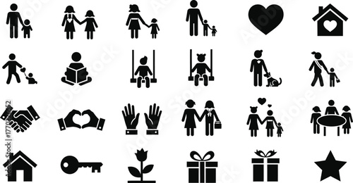 Collection of simple black silhouette icons representing family love relationships and home life isolated on transparent background