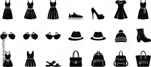 Collection of black fashion clothing and accessories silhouettes isolated on transparent background