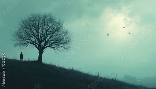 Wallpaper Mural Gloomy illustration shows lonely hooded figure stand near bare tree on hill. Birds fly in misty sky. Concept for solitude sadness hopelessness mood and mystery with nature landscape Torontodigital.ca