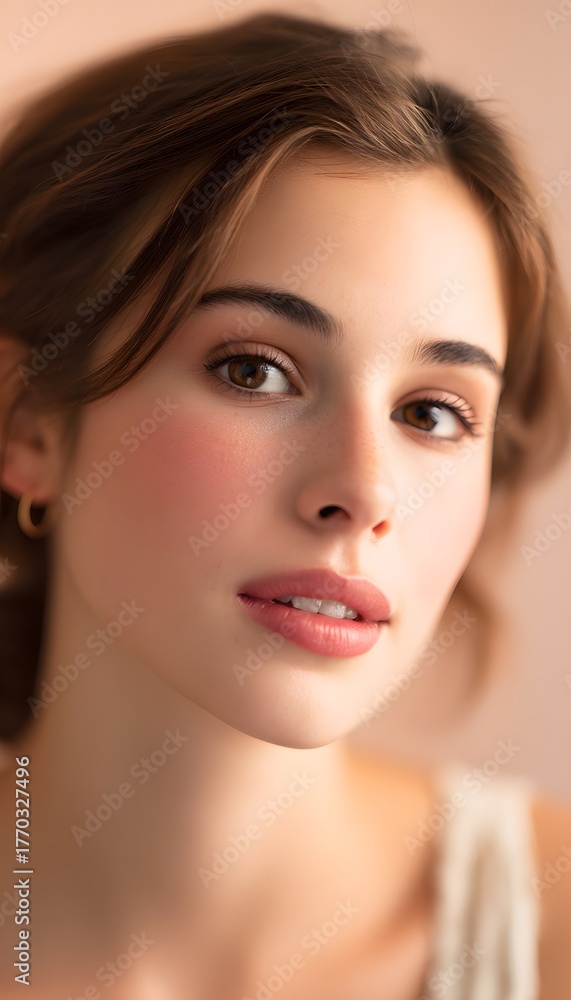 Obraz premium Serene portrait of a young woman soft makeup highlights her beauty in calming warm lighting