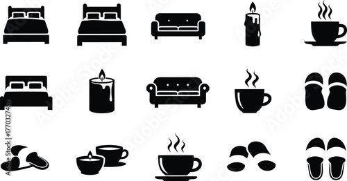 Collection of cozy home comfort icons including beds sofas candles hot drinks and slippers isolated on transparent background