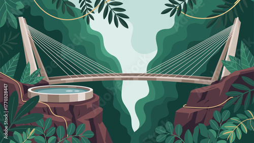 A suspension bridge over a green canyon with a jacuzzi and lush foliage in a cartoon style view
