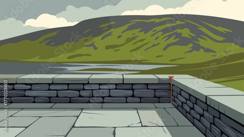 A view from a stone terrace overlooking a green mountain and lake under a cloudy sky in daytime