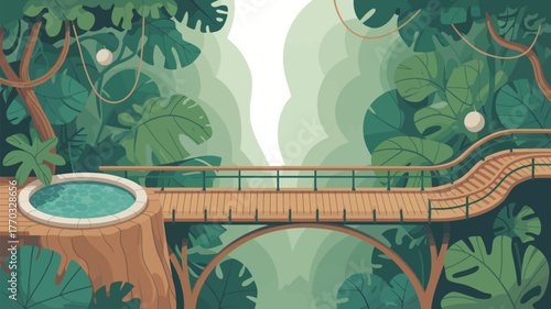 Illustration of a jungle with a wooden bridge and a pool surrounded by tropical plants and trees
