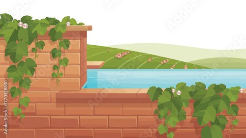 A brick wall with vines overlooking a lake and green hills on a bright sunny day illustration
