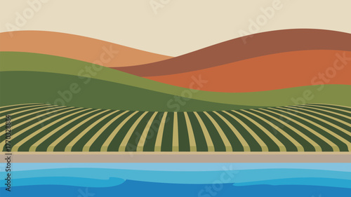 Stylized landscape with fields hills and water in a flat design style with earth tone colors