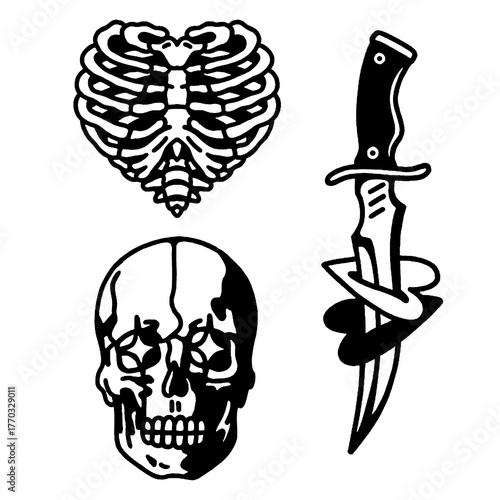 Edgy macabre tattoo art set: skull, rib cage heart, dagger