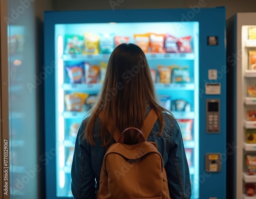 Student with backpack views vending machine on campus. Girl stands before colorful snack, drink choices. Young woman buys food at college. Person selects beverage in breakroom. Modern lifestyle,