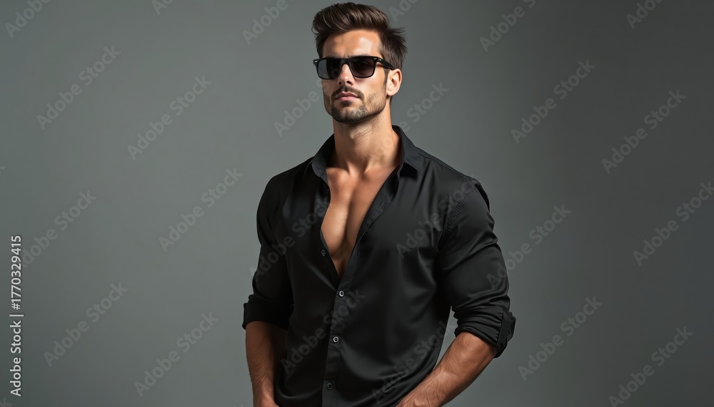 Fototapeta premium Confident man poses in unbuttoned black shirt and sunglasses. Studio shot of male model with muscular body. Guy is trendy and attractive. He has fashionable hair and neat facial hair.
