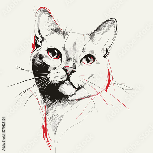 Minimalist Cat with Red Accent Sketch