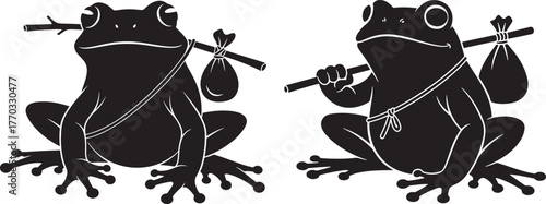 Two frogs with bundles on sticks silhouette